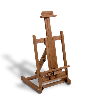 Solid oak table top easel, stands 30" tall with a base footprint of 18" x 18"