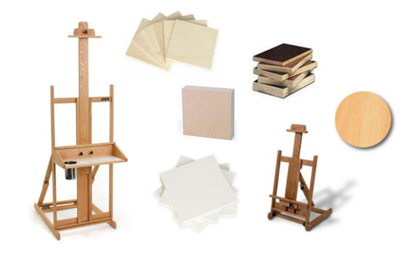 Collage of American Easel products, including sturdy, American-made wood easels, and painters panels (artist panels)
